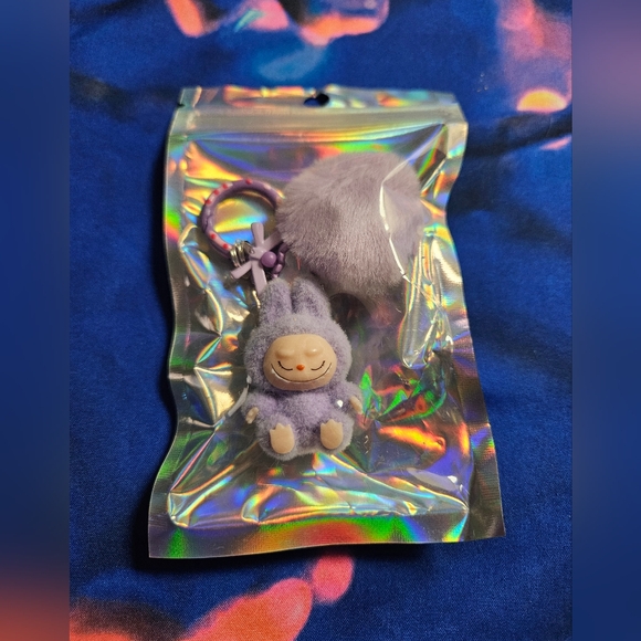 Flocked Fuzzy Have a Seat Labubu Keychain with Heart Gems Pom Pom Bag Charms NEW - Picture 11 of 16